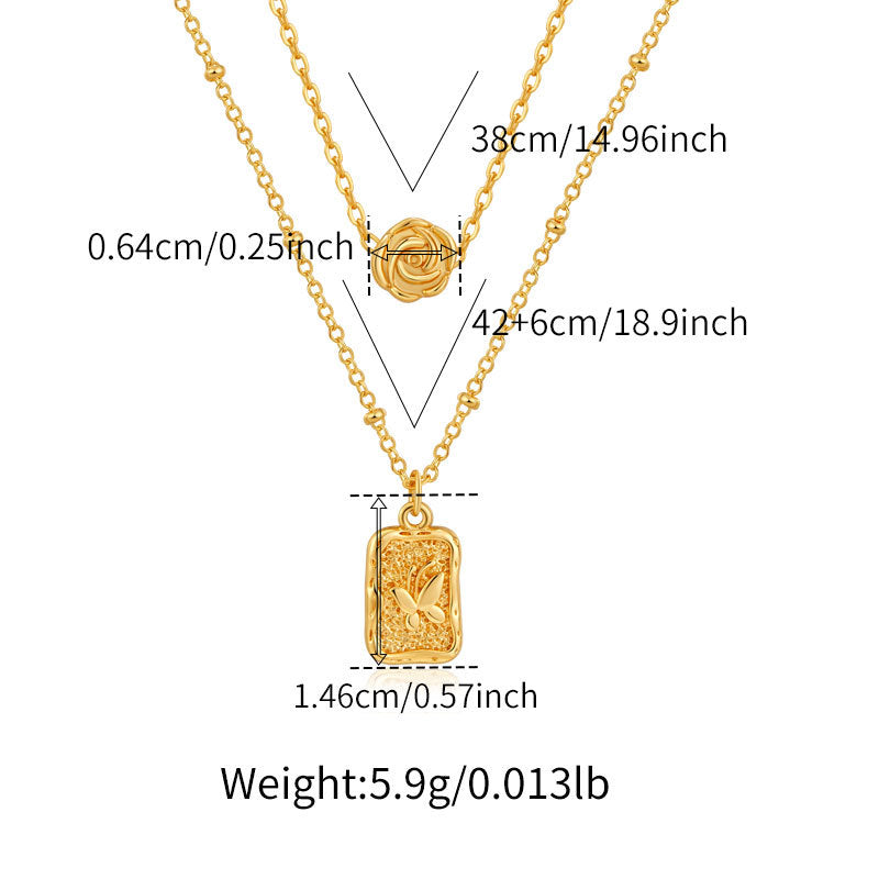 French Vintage Double-Layer Rose Necklace – Layered Gold Chain with Rose Charm and Engraved Pendant
