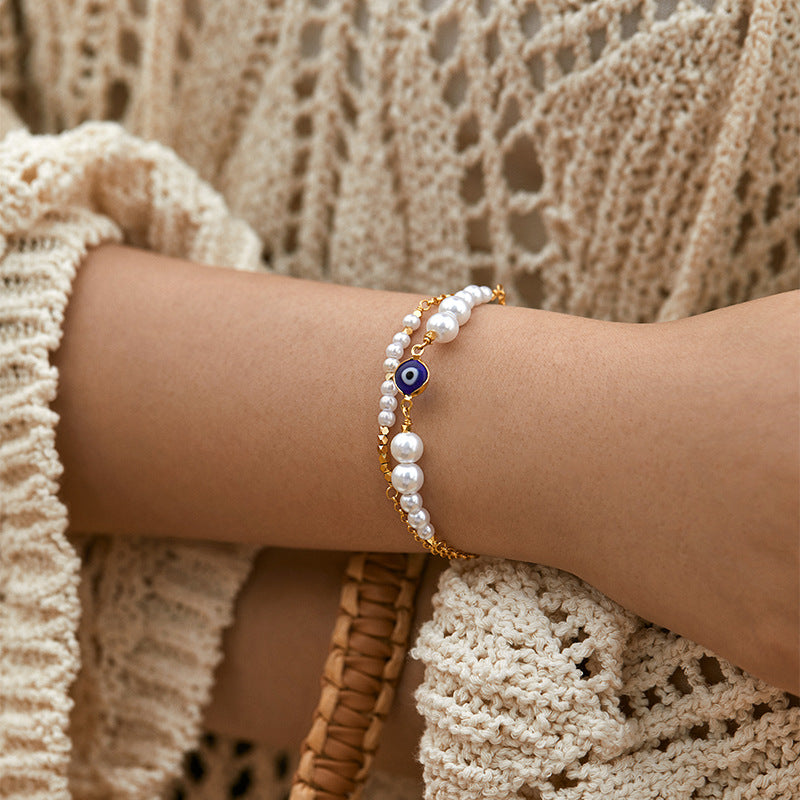 Trendy Evil Eye Pearl Gold Chain Bracelet