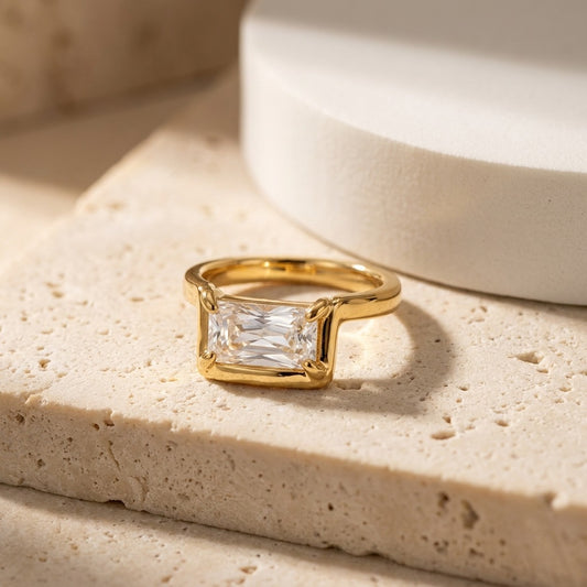 Minimalist Rectangular Diamond Ring - 18K Gold Plated Design
