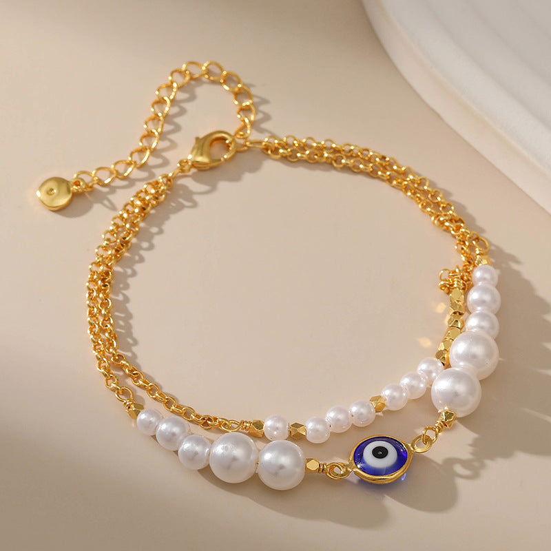 Trendy Evil Eye Pearl Gold Chain Bracelet