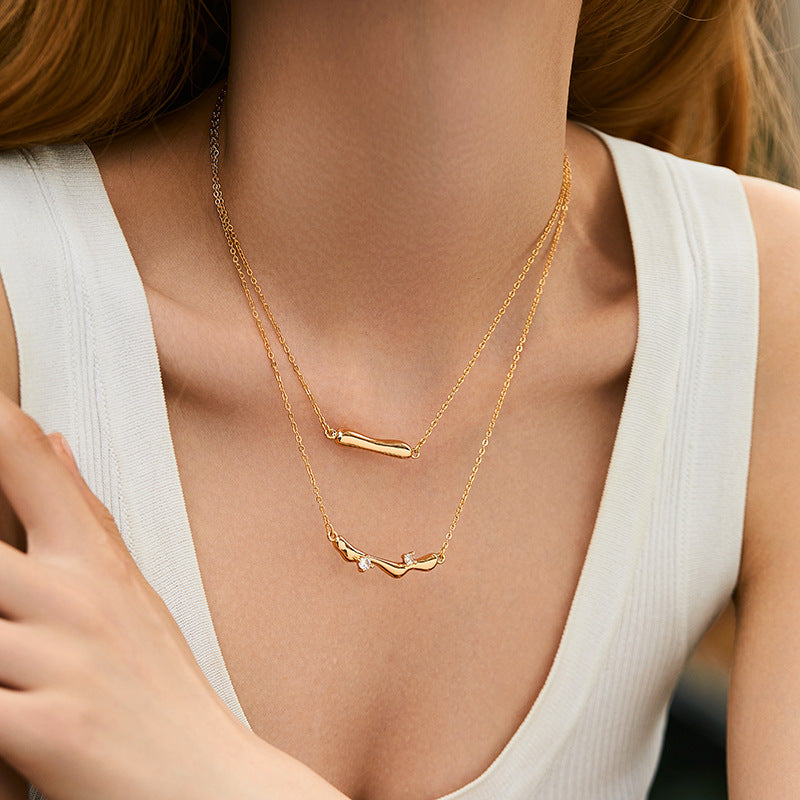 Gold Double-Layer Necklace for Women Irregular Fluid Pendants with Cubic ZirconiaMinimalist Clavicle Chain