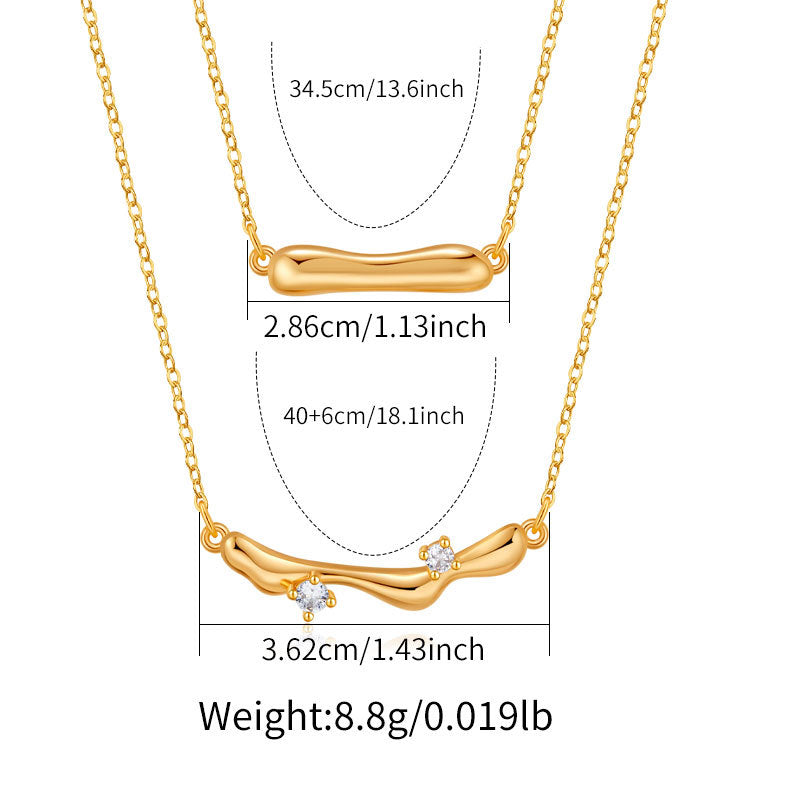 Gold Double-Layer Necklace for Women Irregular Fluid Pendants with Cubic ZirconiaMinimalist Clavicle Chain