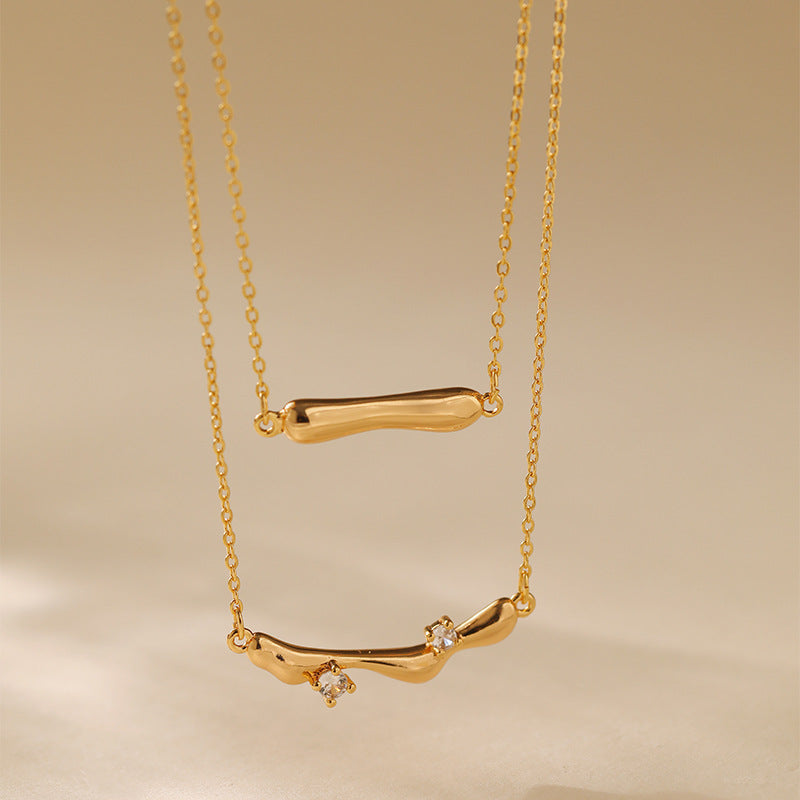 Gold Double-Layer Necklace for Women Irregular Fluid Pendants with Cubic ZirconiaMinimalist Clavicle Chain
