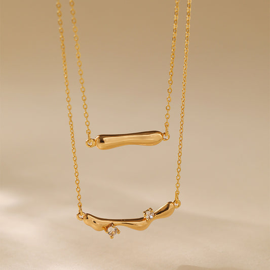 Gold Double-Layer Necklace for Women Irregular Fluid Pendants with Cubic ZirconiaMinimalist Clavicle Chain