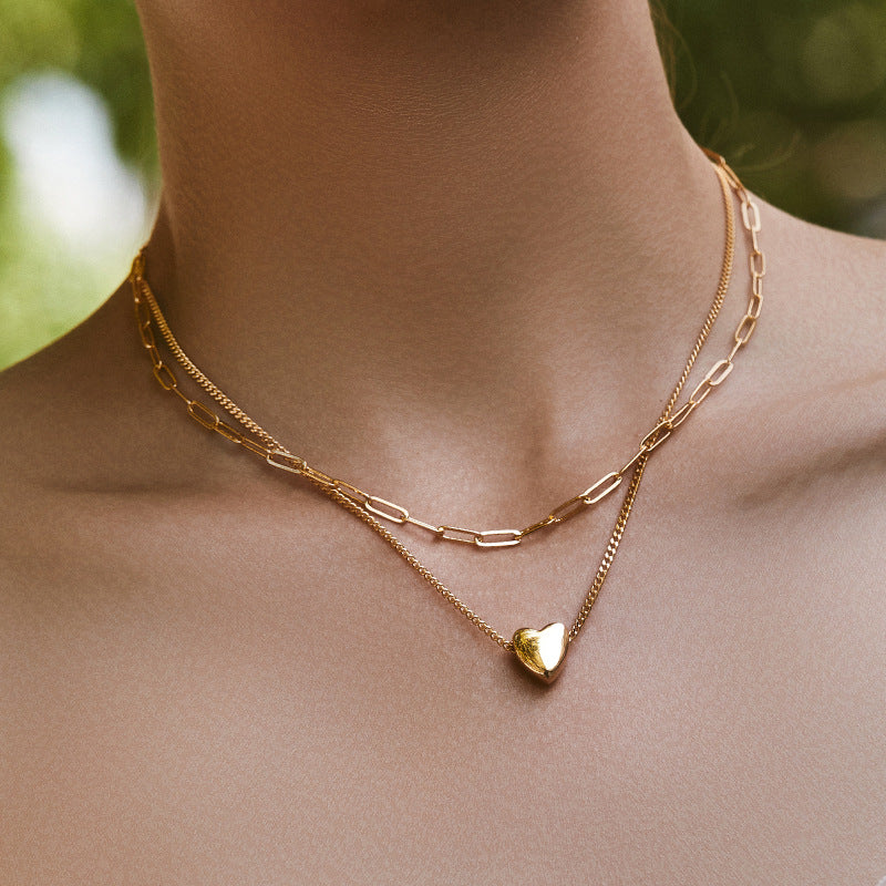 18K Real Gold-Plated Double-Layer Heart Necklace