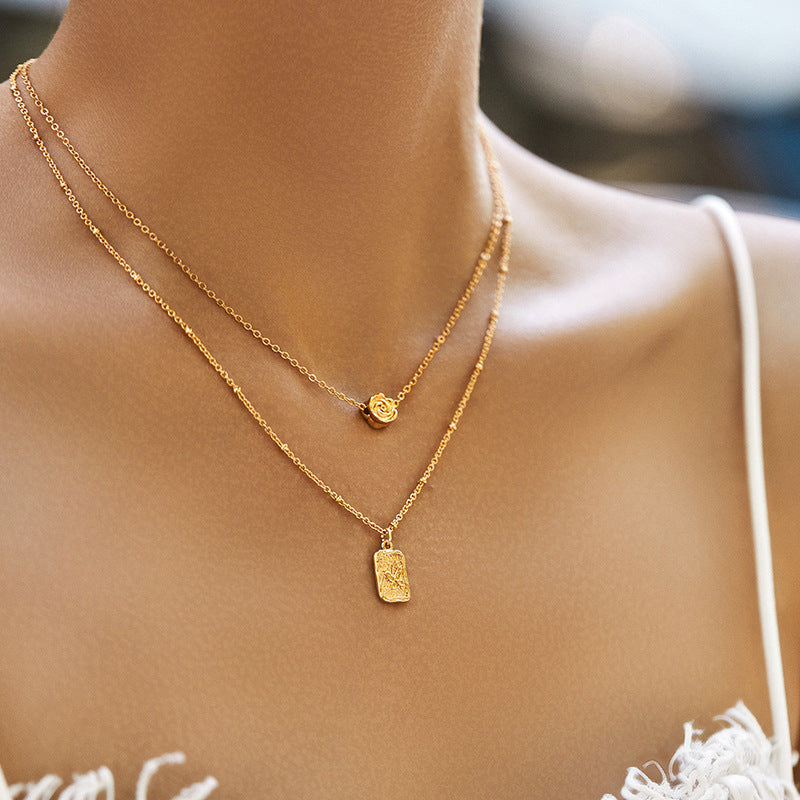 French Vintage Double-Layer Rose Necklace – Layered Gold Chain with Rose Charm and Engraved Pendant