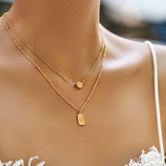 French Vintage Double-Layer Rose Necklace – Layered Gold Chain with Rose Charm and Engraved Pendant