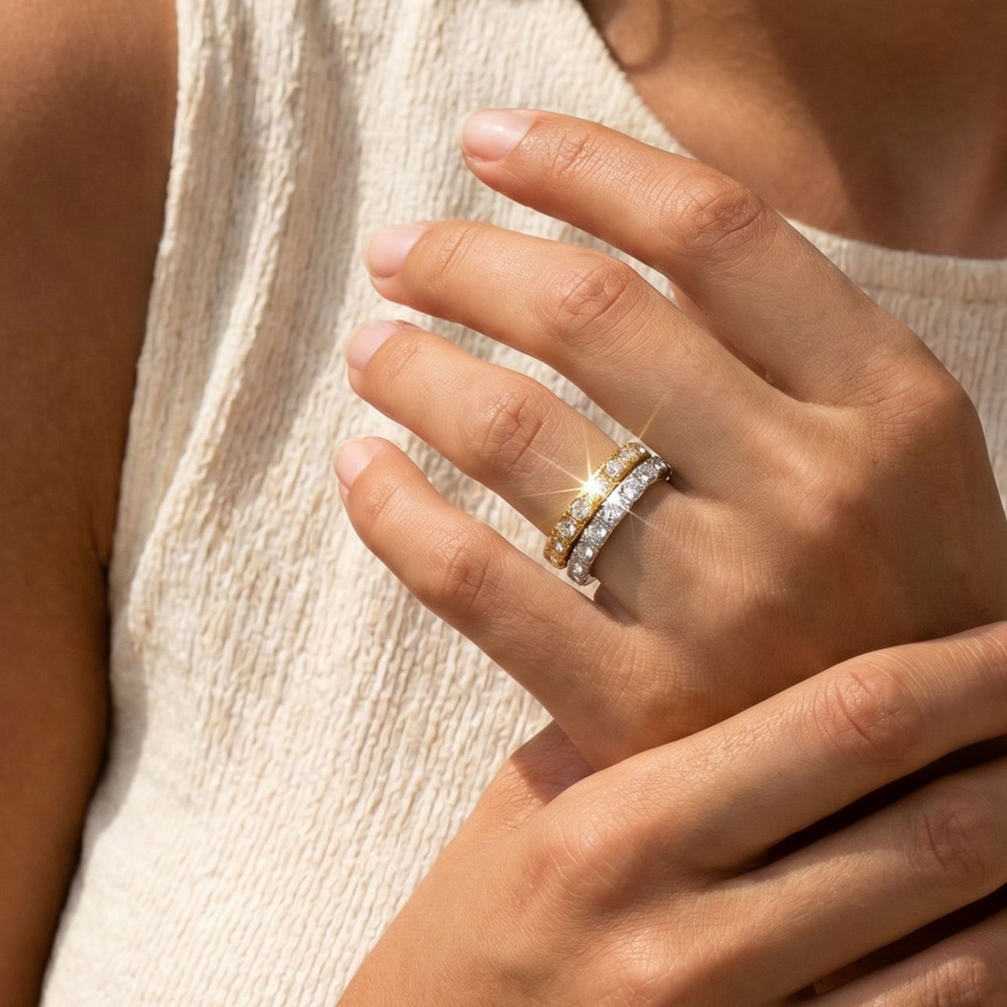 ⁠Stacking eternity ring with sparkling stones on hand - 18K gold plated⁠
